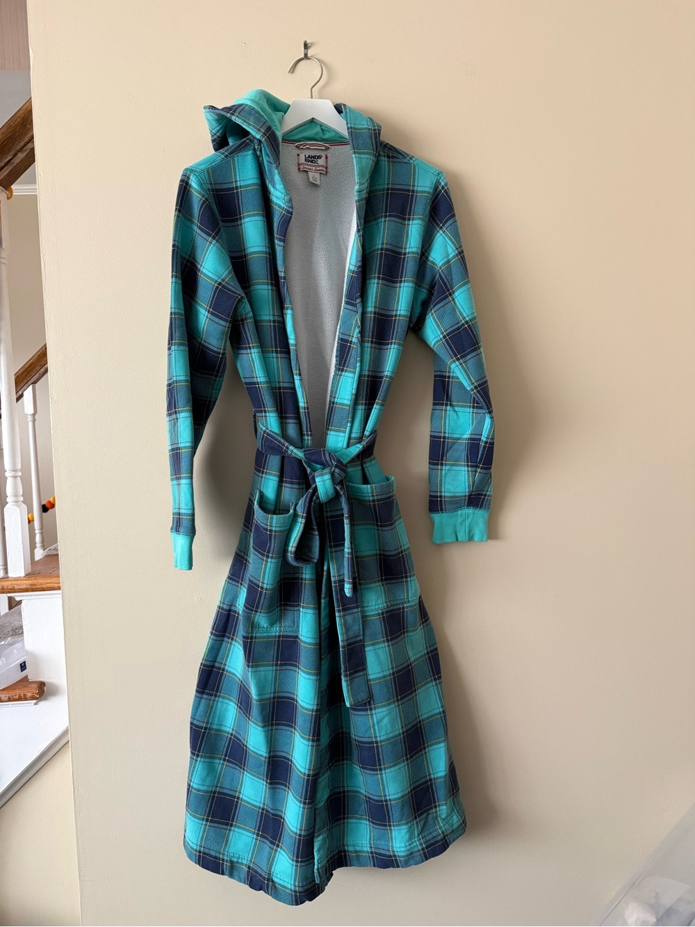 Lands' End Women’s Hooded Plaid Lined Robe Blue/Green Tie Long Sleeve Large